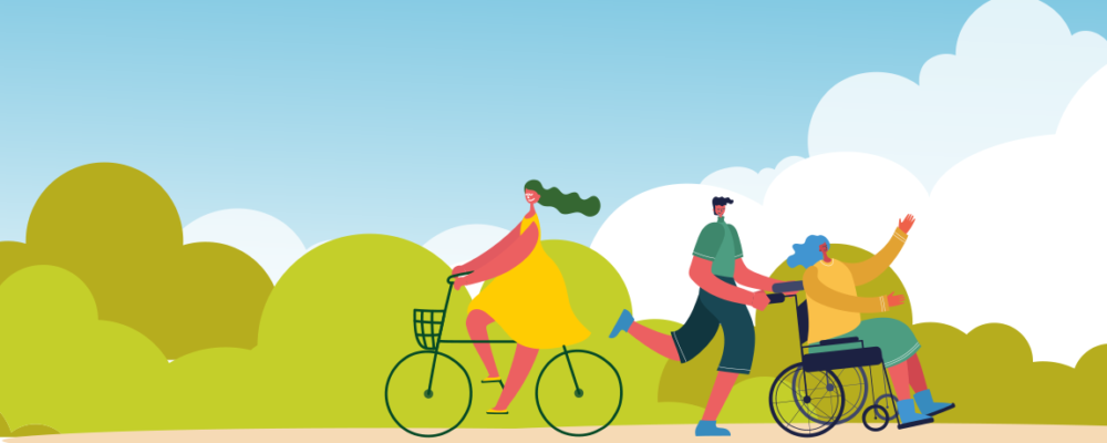 Illustrated banner image showing a woman riding a bike, and a running man pushing a woman in a wheelchair