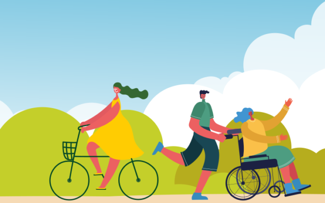 Illustrated banner image showing a woman riding a bike, and a running man pushing a woman in a wheelchair