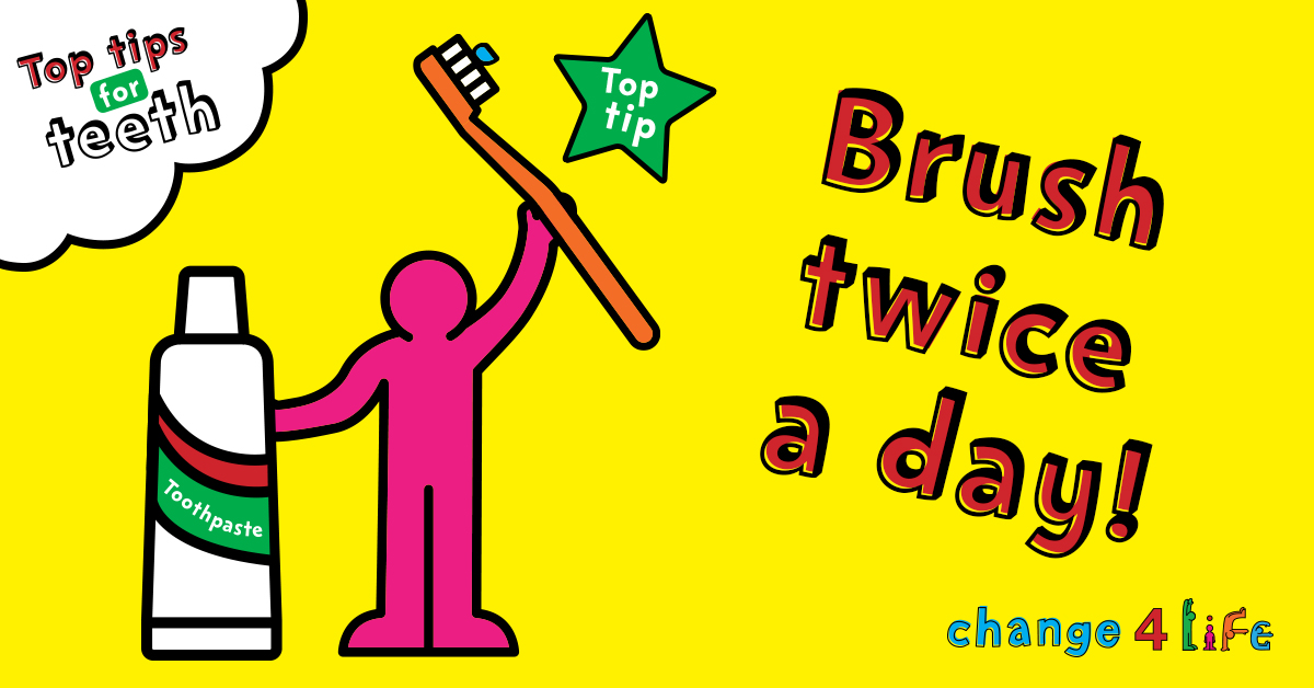 A pink plasticine figure holds up a toothbrush above their head and stands up a toothpaste tube, text reads "Brush twice a day!"