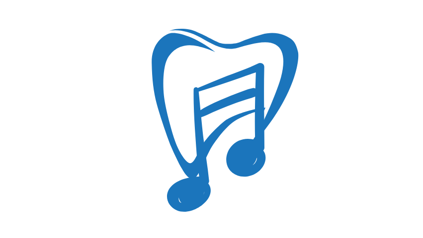 Blue outline of a tooth overlaid with beamed semi-quaver musical note