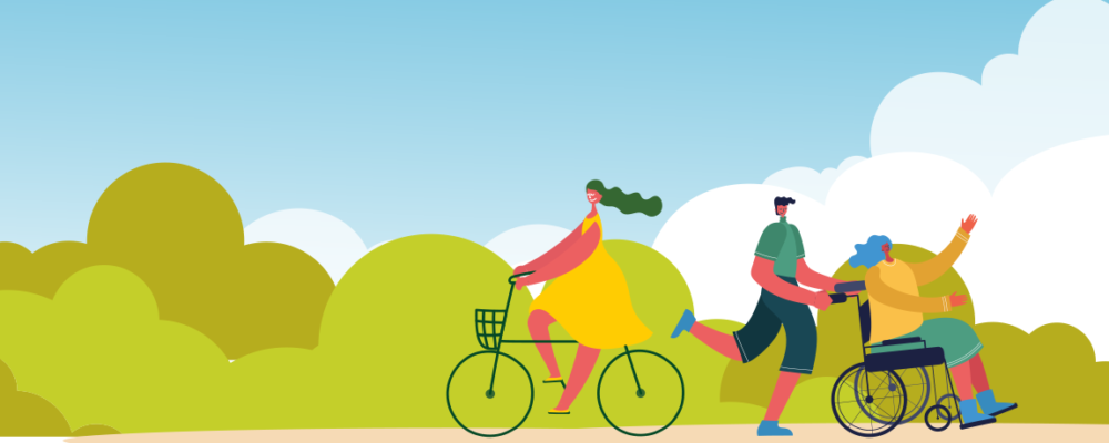 Illustrated banner image showing a woman riding a bike, and a running man pushing a woman in a wheelchair