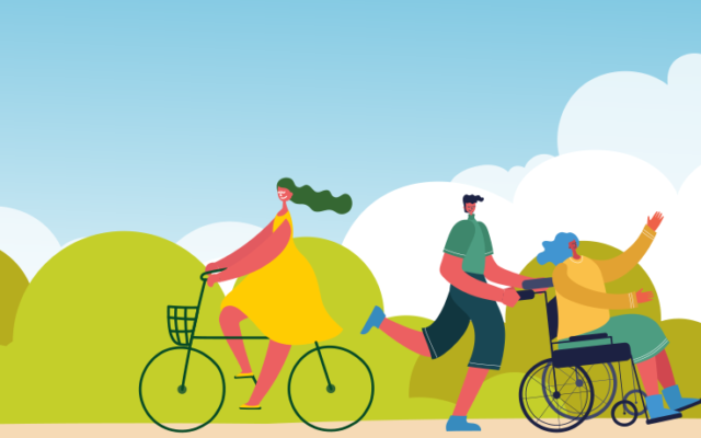 Illustrated banner image showing a woman riding a bike, and a running man pushing a woman in a wheelchair