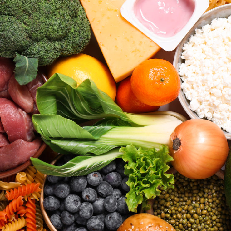 Different products as background, top view. Healthy food and balanced diet Eat Well