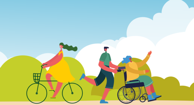 Illustrated banner image showing a woman riding a bike, and a running man pushing a woman in a wheelchair
