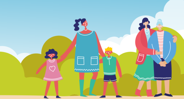 Illustrated banner image showing a family holding hands