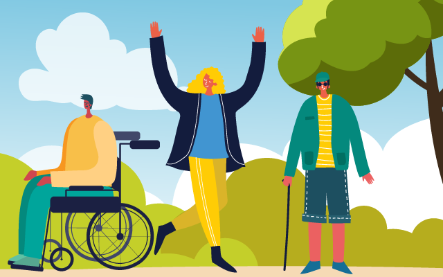 Illustrated banner image showing a various people outside getting activehands