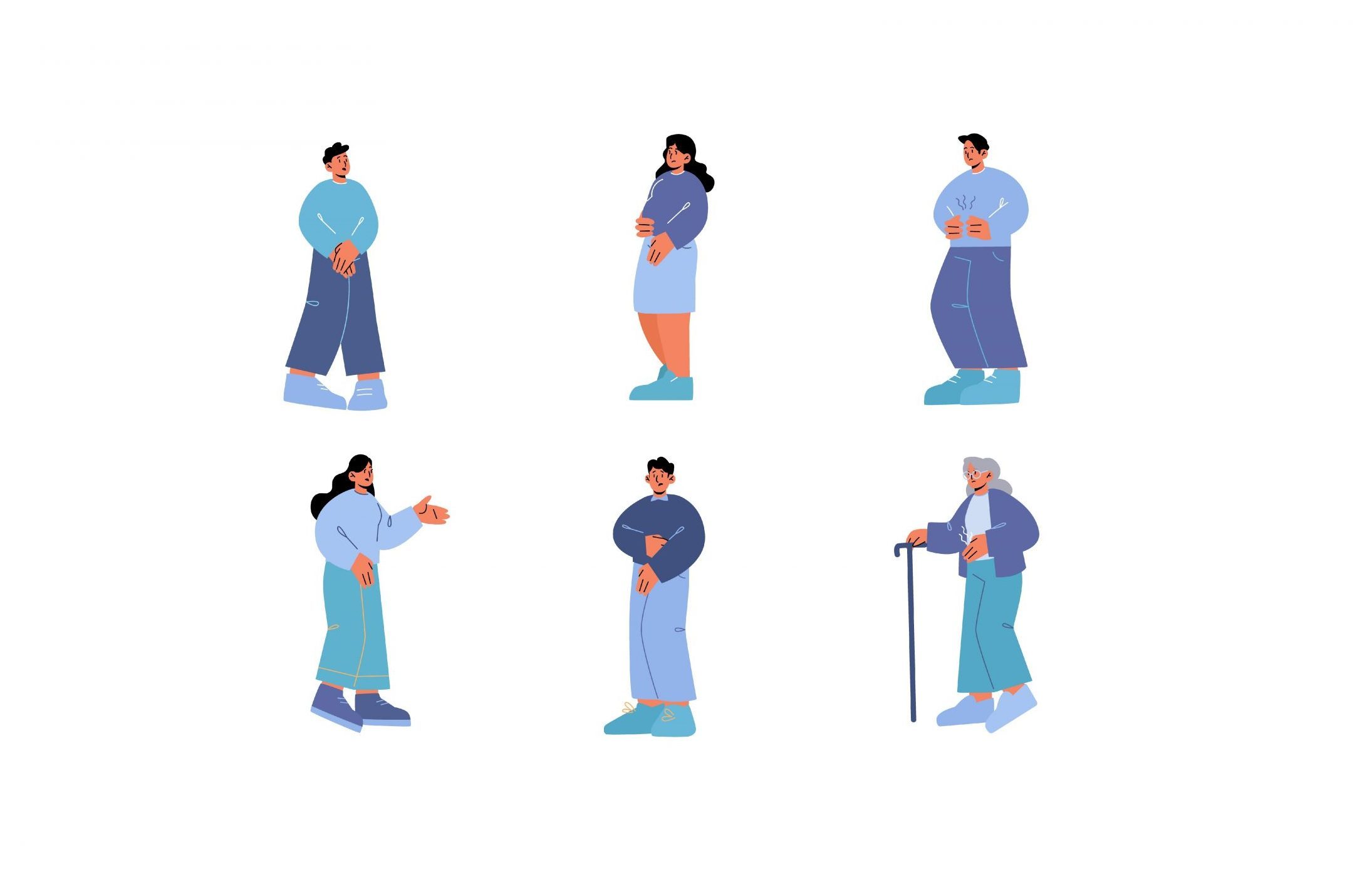 6 cartoon people with the urge to urinate