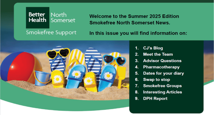 Welcome to Smokefree North Somerset Newsletter - picture of sandals in sand.