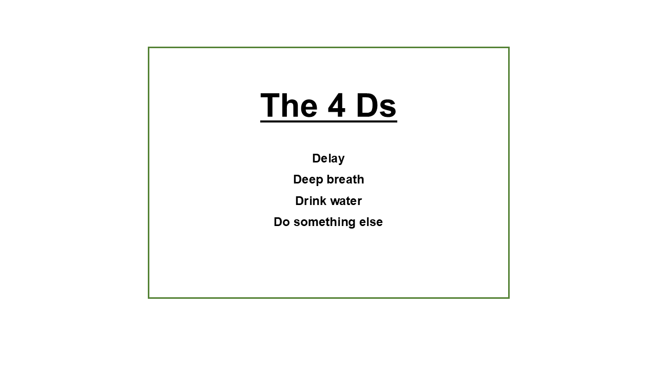 green square with text saying The 4Ds delay, deep breath, distract, do something else.