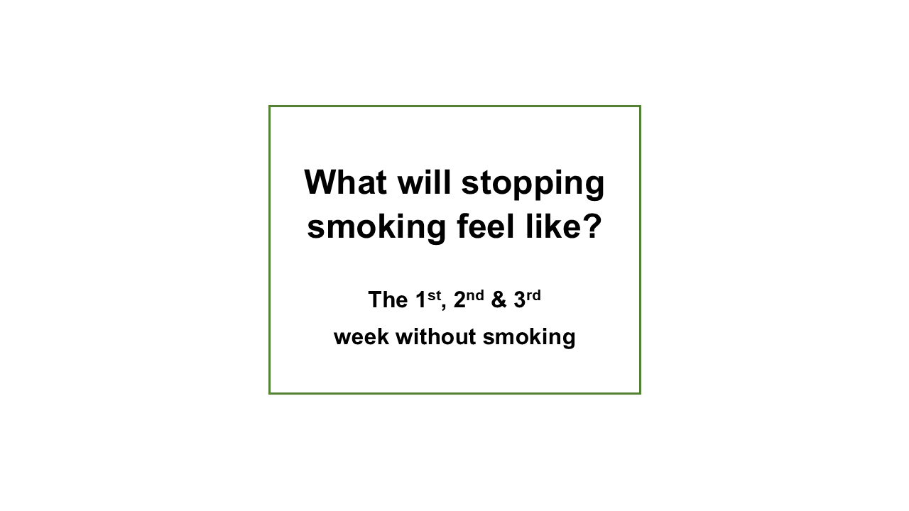 Green box with text ' What will stopping smoking feel like? The 1st, 2nd, & 3rd week without smoking.