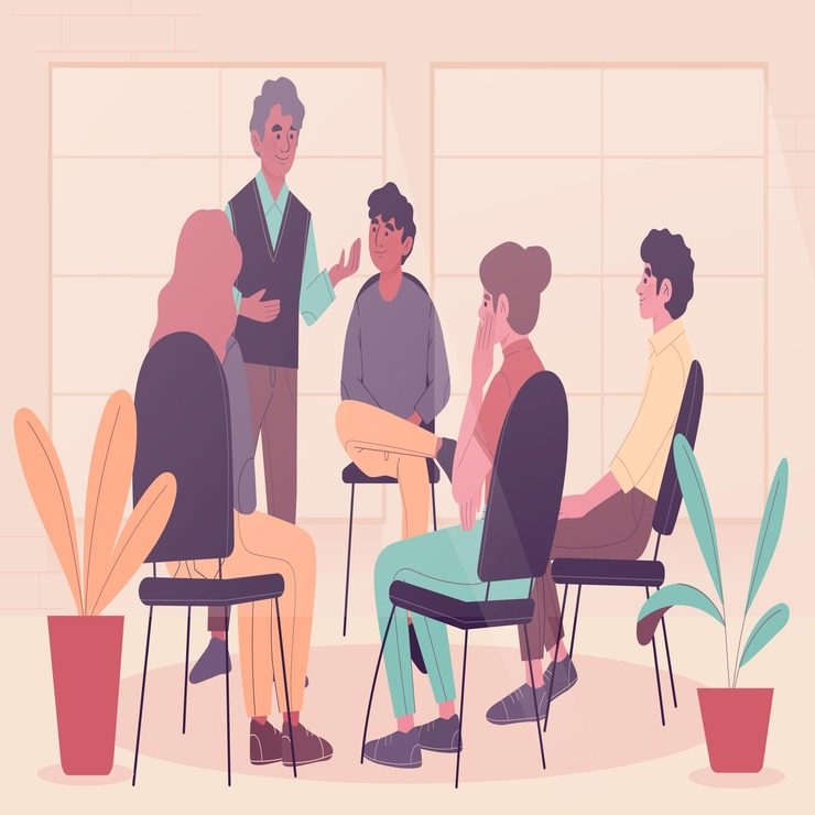 Illustrated picture of a group of people listening to one group member