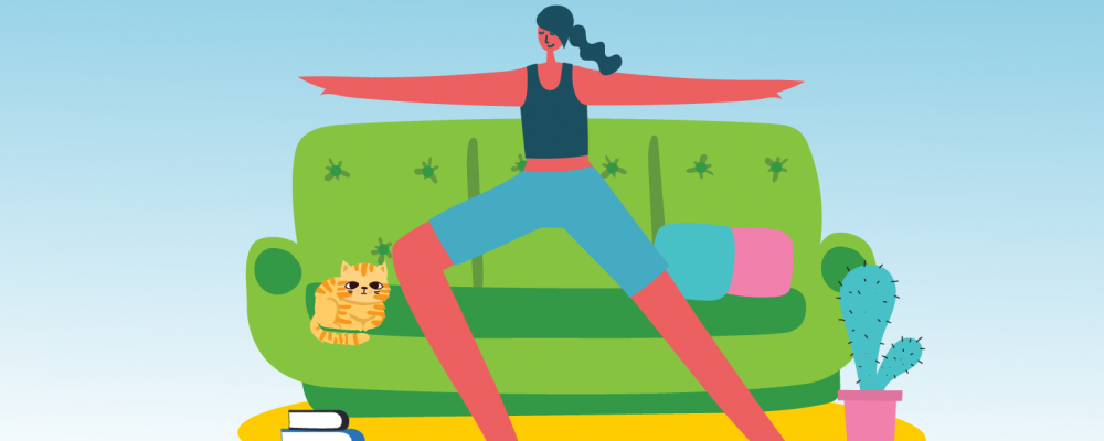 Women in yoga pose at home