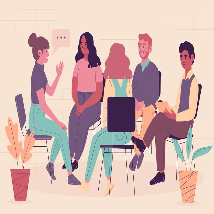 Illustrated picture of a group of people listening to one group member