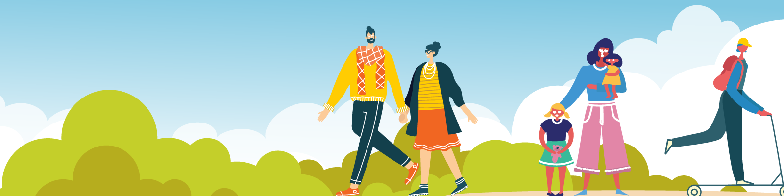 Illustration of two people holding hands, a mother with her two children - one standing and one in her arms, and a person riding a scooter