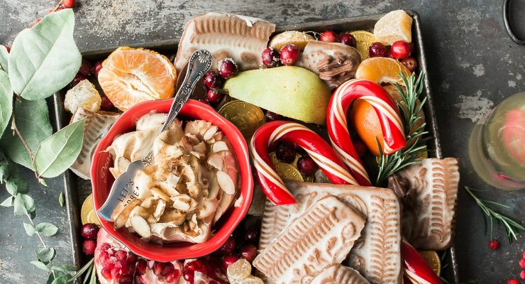Fruits and chocolate on a tray