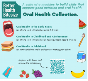 Advert features the Better Health Bitesize logo, with a strapline "a suit of e-module to build skills that support good nutrition and oral health", followed by the heading Oral Health Collection. The modules featured are "Oral Health in the Early Years - for all who work with children aged 0-5 years", "Oral Health in Childhood and Adolescence - for all who work with children and young people aged 5-19 years", "Oral Health in Adulthood - for both workplace health and services that support adults". A QR code links smart devices to the iLearn website. A tag line and arrow pointing to the QR code reads "register with iLearn and browse the catalogue"