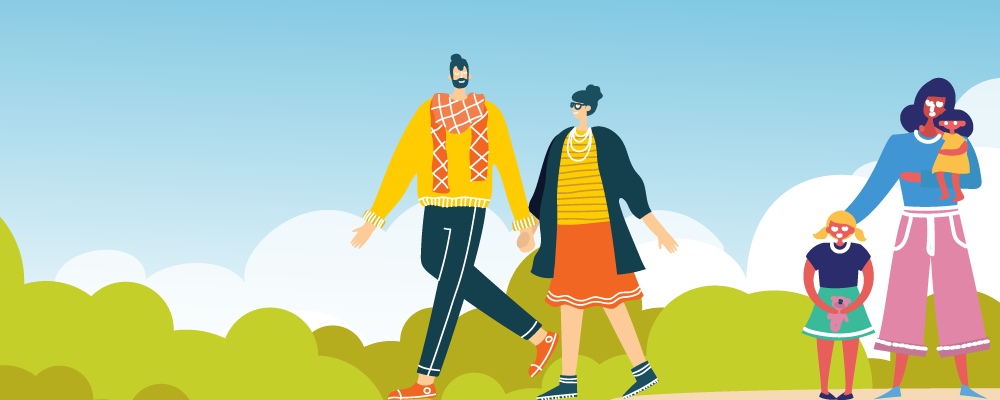 Illustration of two people holding hands, a mother with her two children - one standing and one in her arms, and a person riding a scooter
