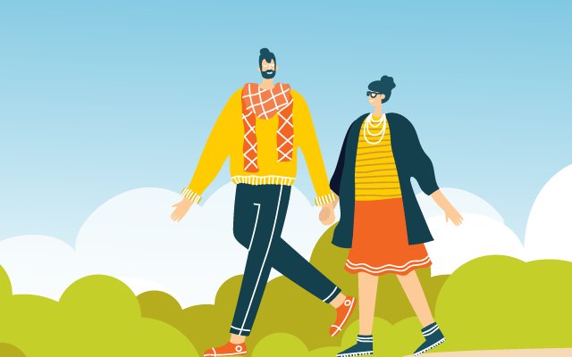 Illustration of two people holding hands, a mother with her two children - one standing and one in her arms, and a person riding a scooter