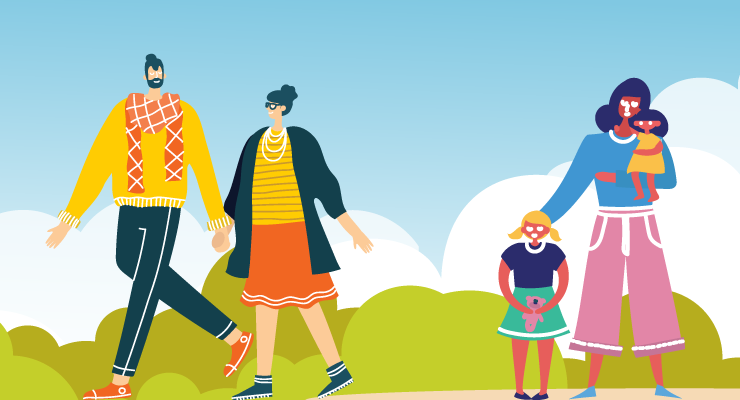 Illustration of two people holding hands, a mother with her two children - one standing and one in her arms, and a person riding a scooter