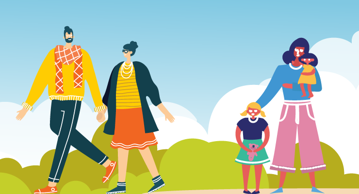 Illustration of two people holding hands, a mother with her two children - one standing and one in her arms, and a person riding a scooter