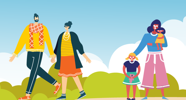 Illustration of two people holding hands, a mother with her two children - one standing and one in her arms, and a person riding a scooter