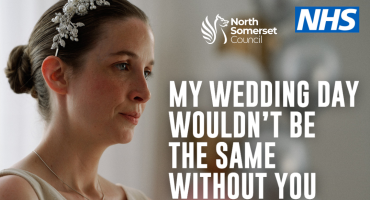 A bride in a wedding dress reads a letter beside NHS and North Somerset Council logos. Smokefree South West campaign text urges quitting smoking to prevent early death.